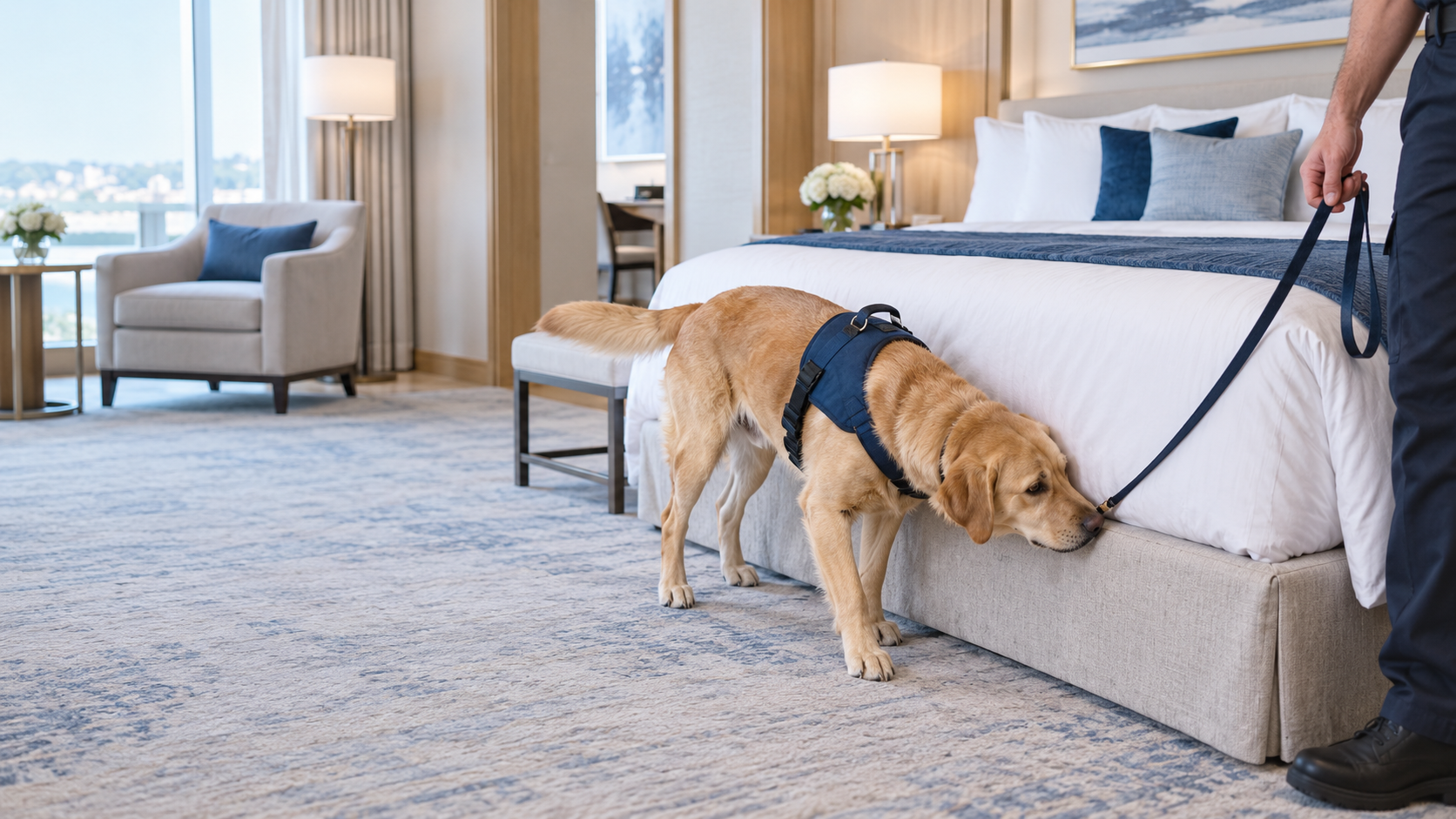 Chien Cynoscan en détection de punaises de lit dans un hôtel à Paris